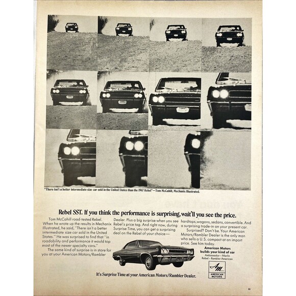 American Motors Rebel "Its surprise time at American Motors" Vtg Print Ad 1967 - Picture 1 of 3